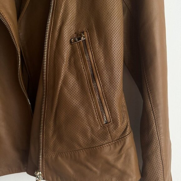 Cole Haan Camel Brown Beige Zipper Closure Lambskin Moto Jacket S - Picture 9 of 9